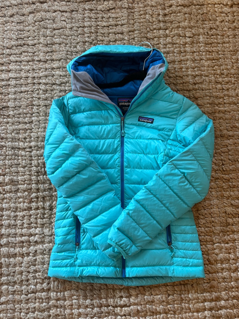 Patagonia Bright Aqua and Cobalt Blue Down Jacket
